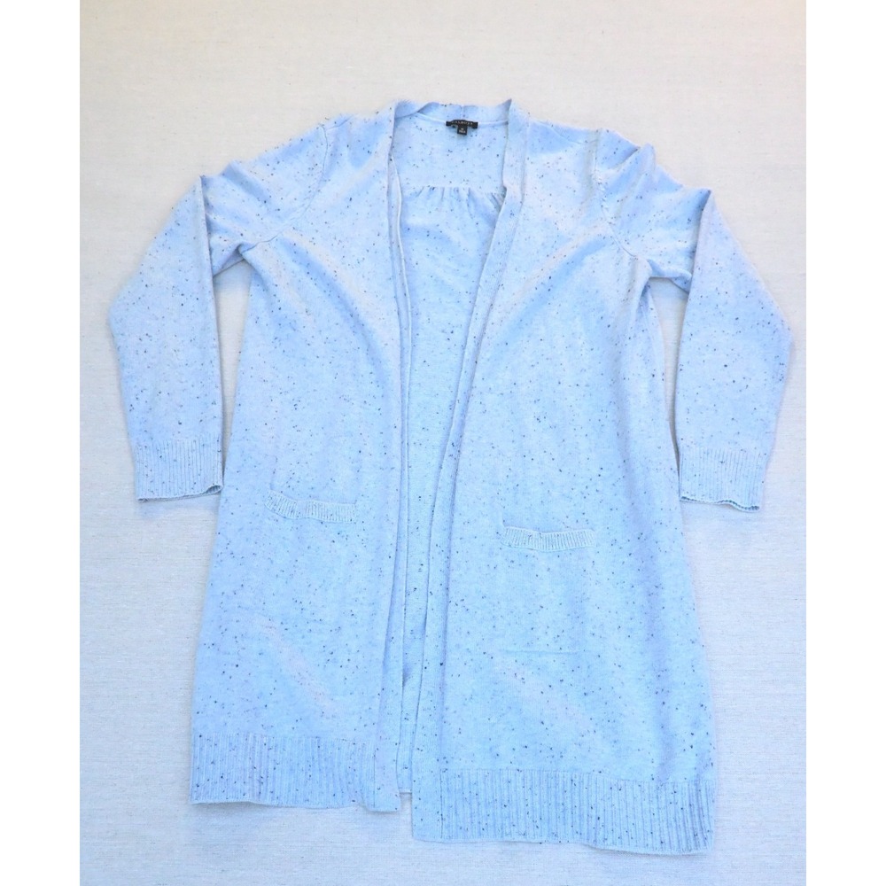 Talbots Womens M Blue Cotton Blend Long Open Front Cardigan Fleck Knit Pockets